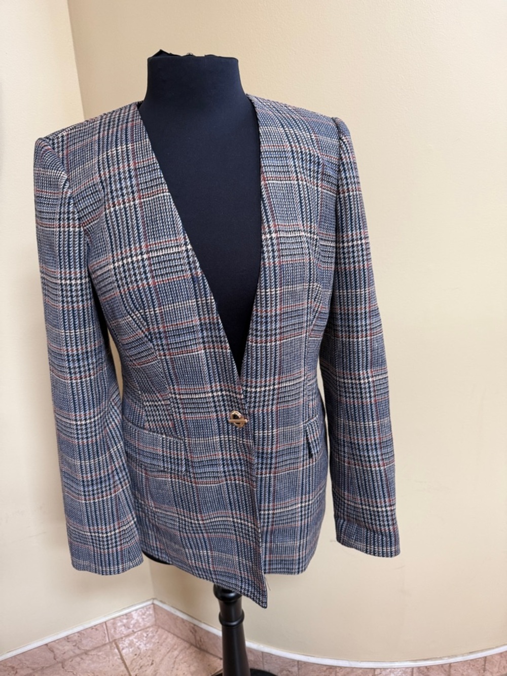 New Calvin Klein Blue and Gray Plaid Single-Button Blazer